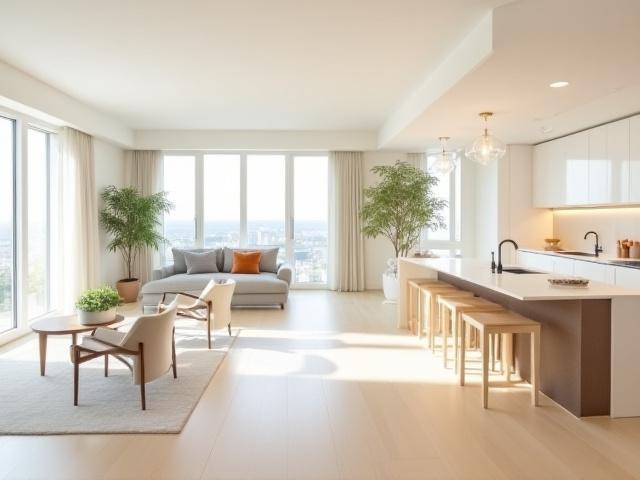 Valoisa ja avara olohuone ja avokeittiö remontoidussa asunnossa