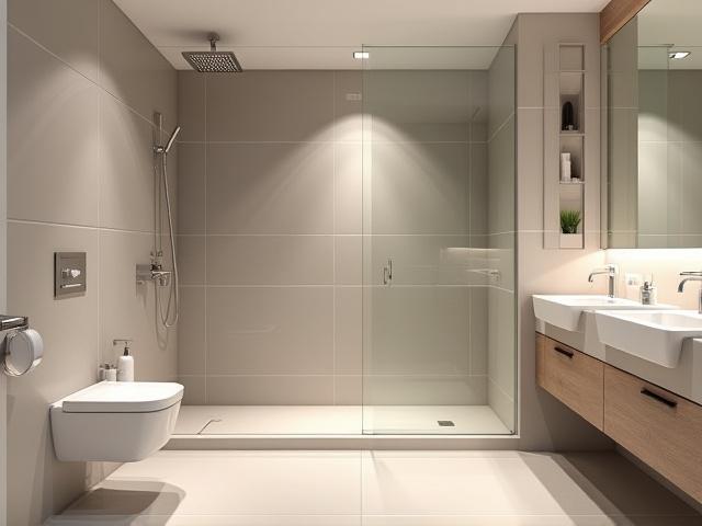 Tyylikäs kylpyhuone remontin jälkeen, jossa on moderni suihku ja laatoitetut seinät