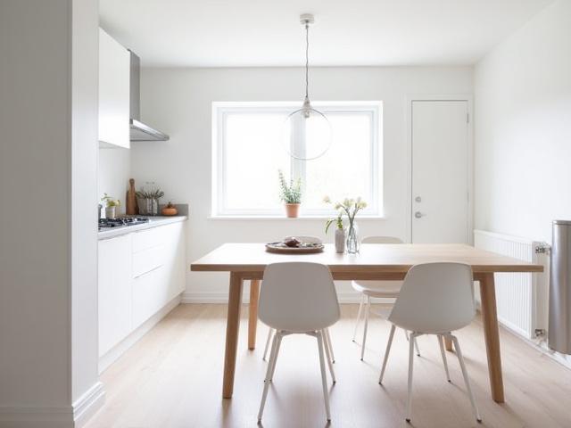 Valoisa keittiö ja ruokailutila, jossa on integroidut kodinkoneet ja minimalistinen design