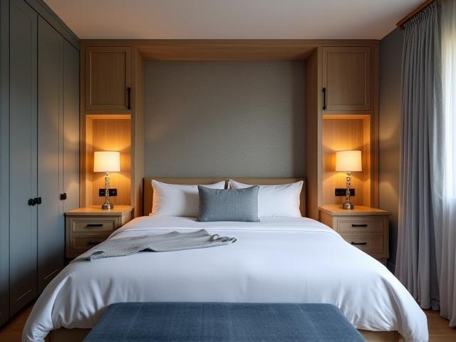 Remontoitu makuuhuone, jossa on sisäänrakennetut kaapit ja tyylikäs tapetti