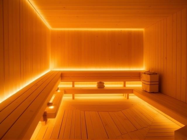 Tunnelmallinen moderni sauna lauteilla ja pehmeällä valaistuksella